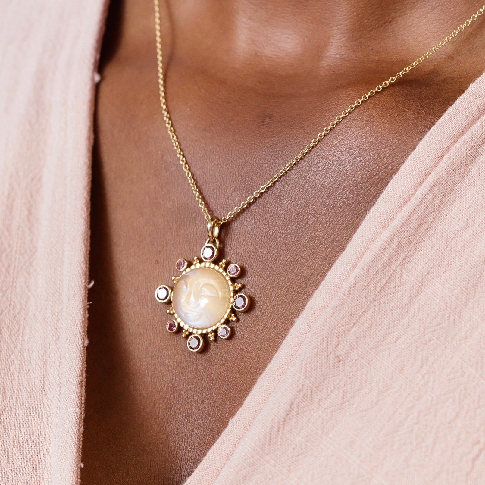 Large Pink Flora Moon Necklace image 1