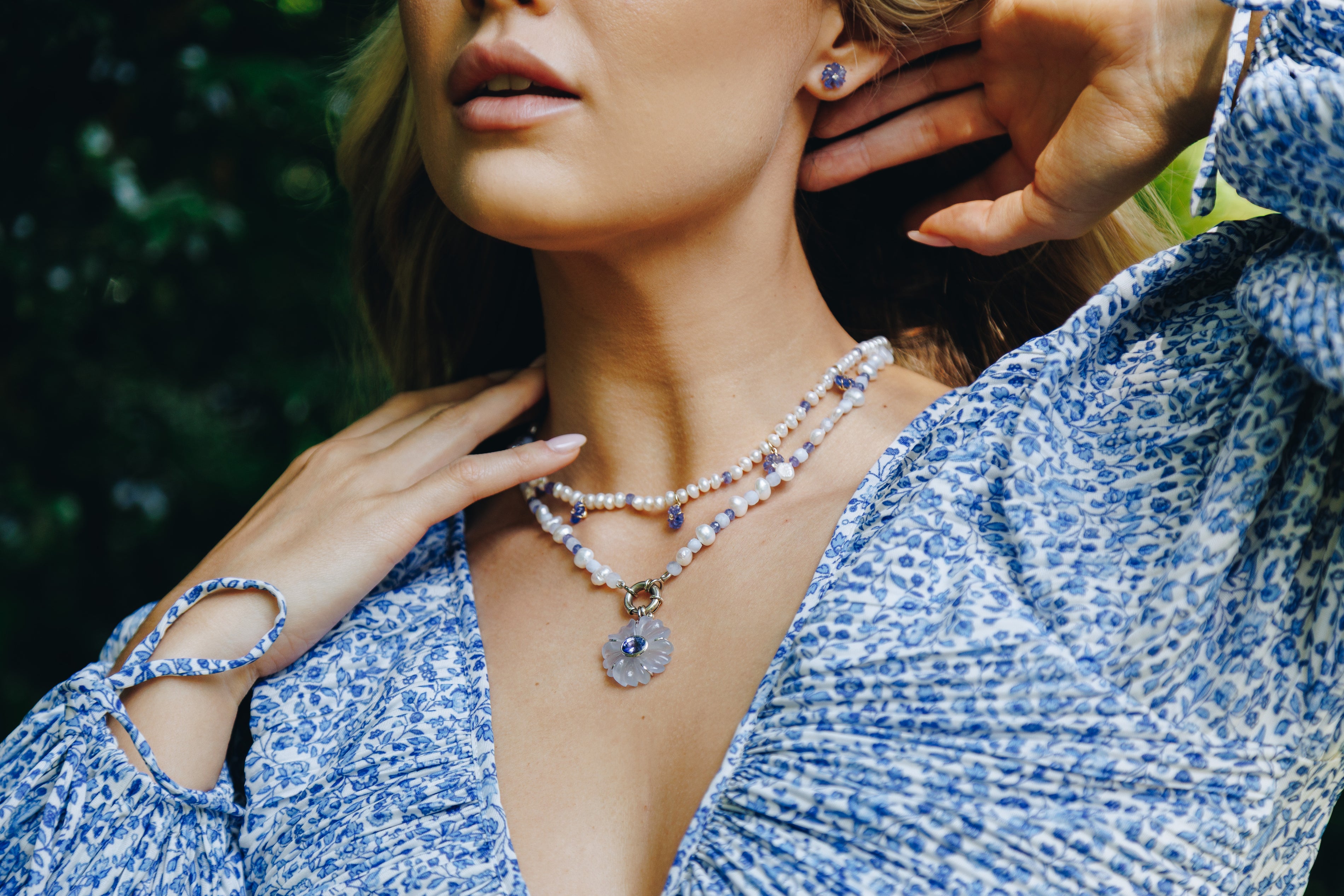 Kiki Blue Flower Pearl Necklace